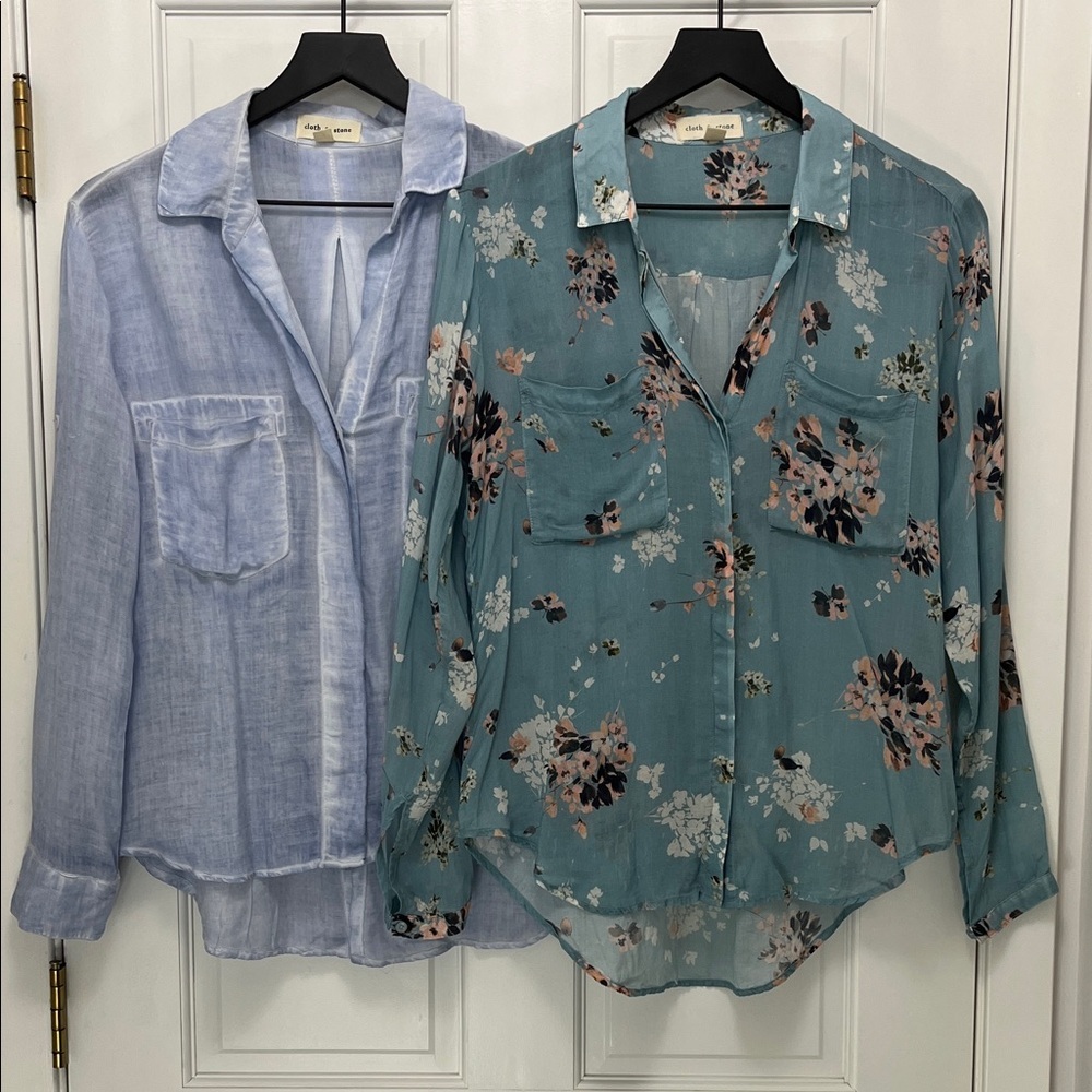 Anthropologie Women’s Teal Floral And Denim Blue Shirts Small